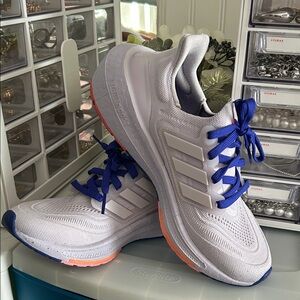 adidas White Sneakers with Blue Laces and Orange Accents